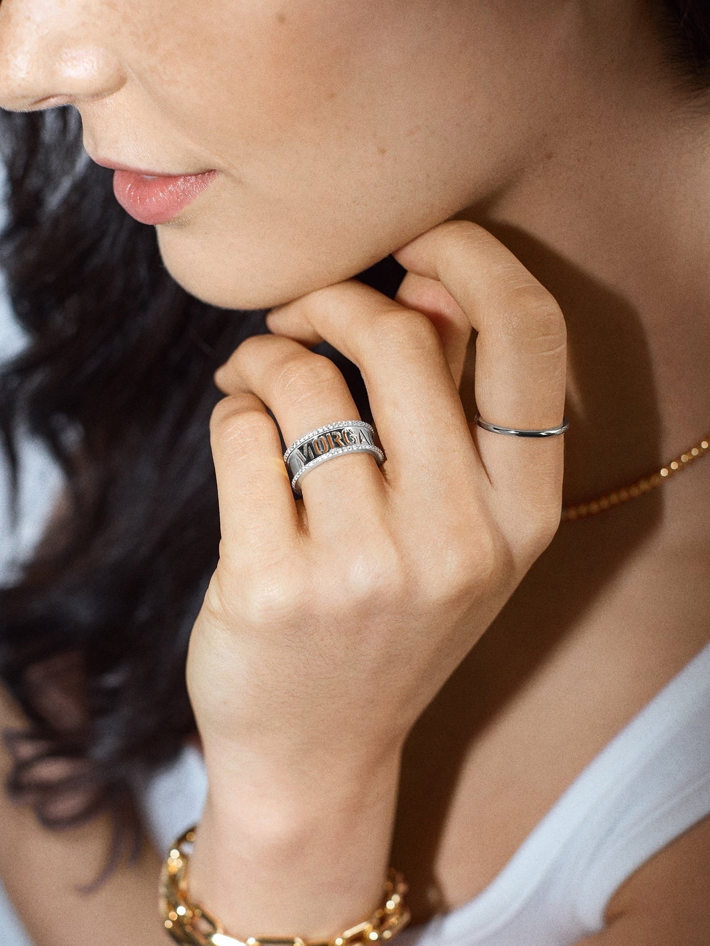 Sterling Silver Cutout Custom Name Ring - Pavé/Silver