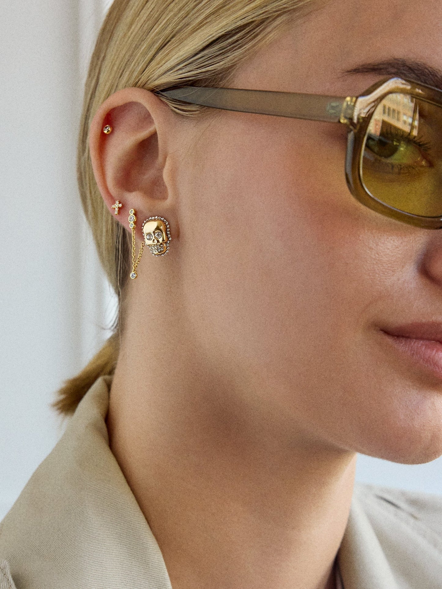 Gold and Pavé Skull Stud Earrings - Skull