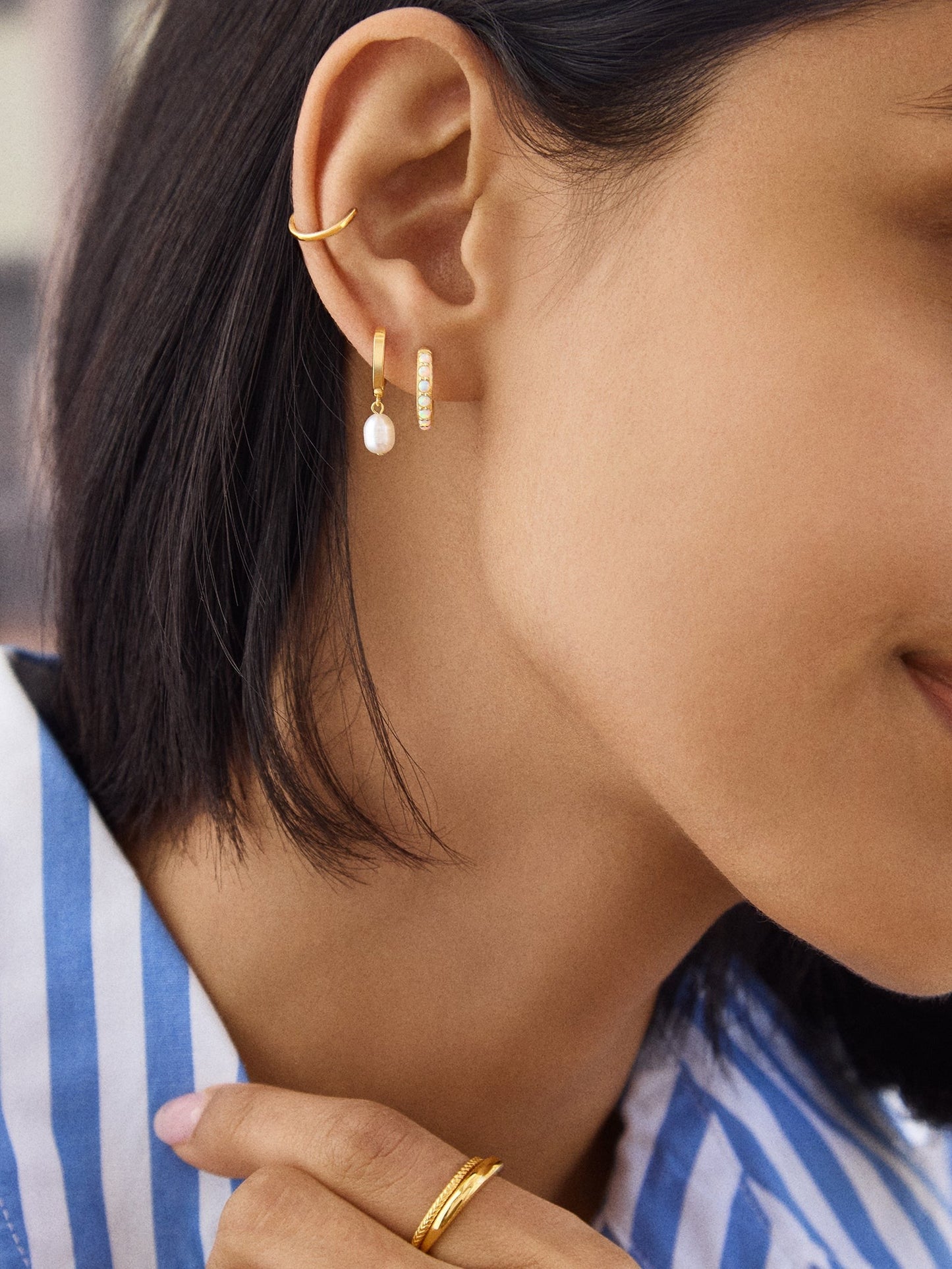 14K Gold Semi-Precious Huggie Earrings - Opal