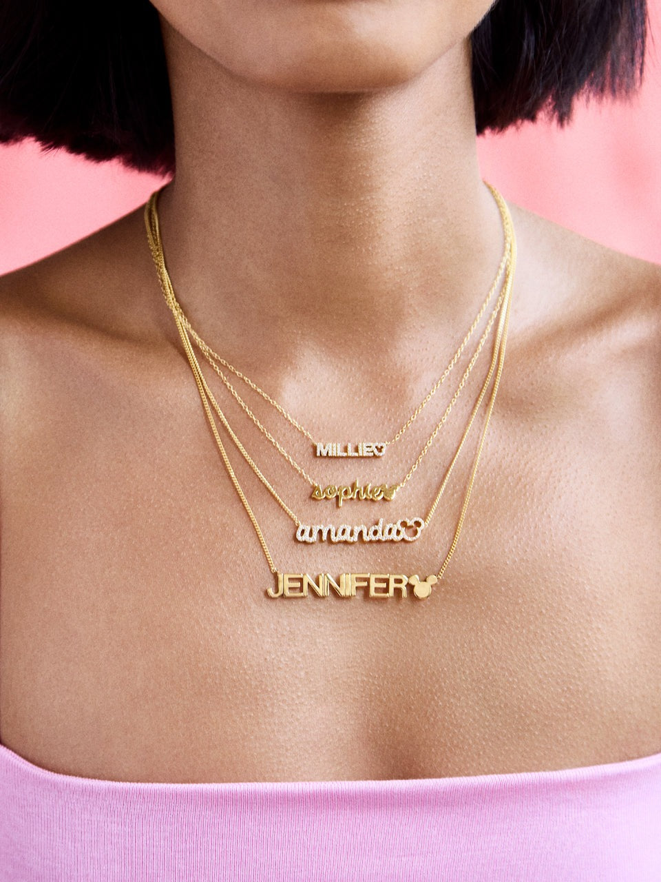 Disney Mickey Mouse 14K Gold Plated Sterling Silver Custom Nameplate Necklace - Gold/Pavé
