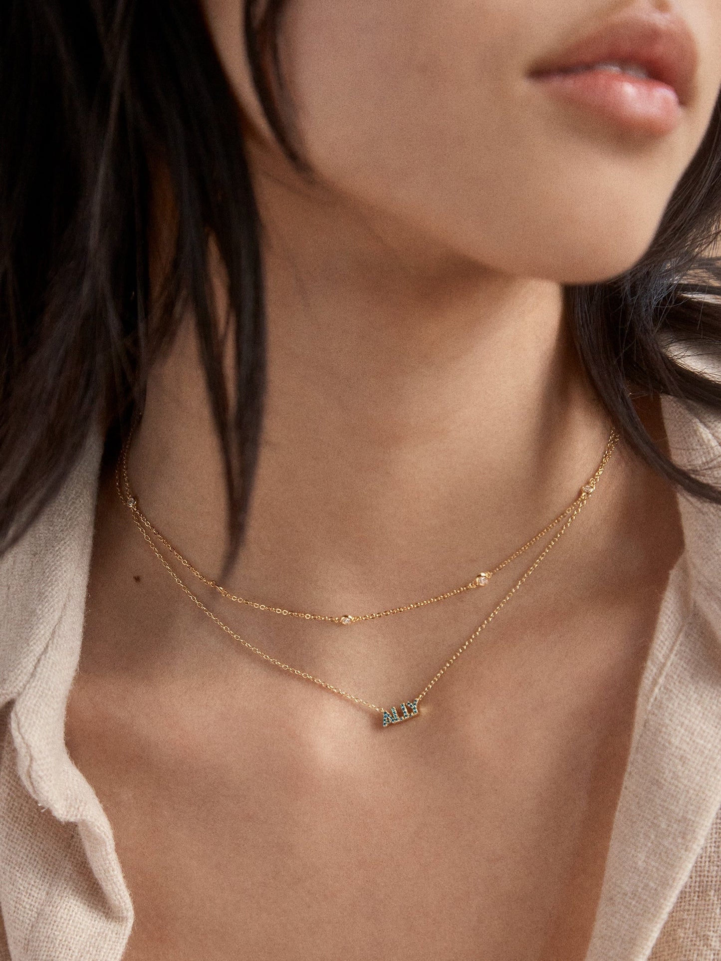 14K Gold Birthstone Custom Nameplate Necklace - Light Amethyst