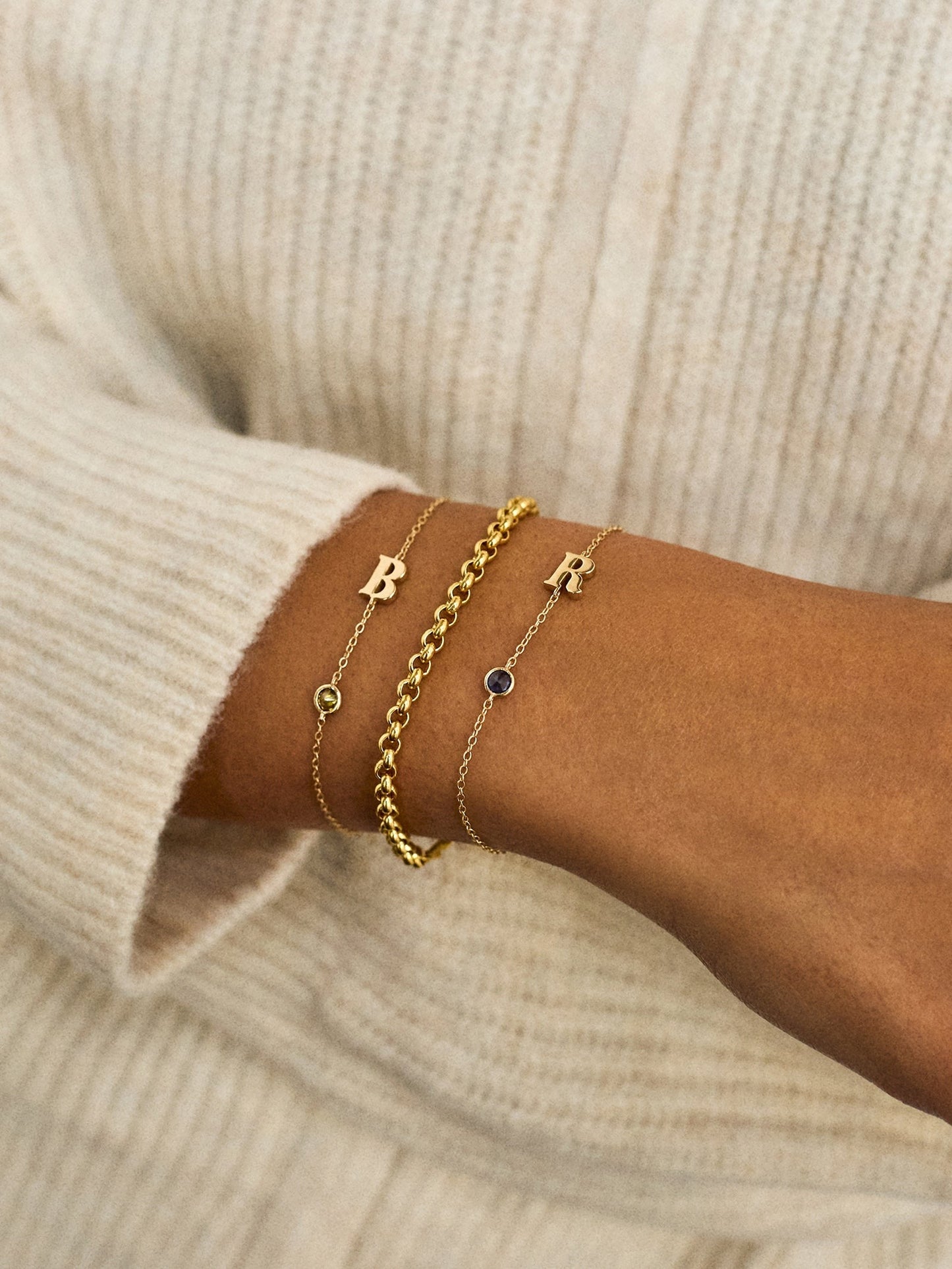 14K Gold Initial Birthstone Custom Bracelet - Emerald