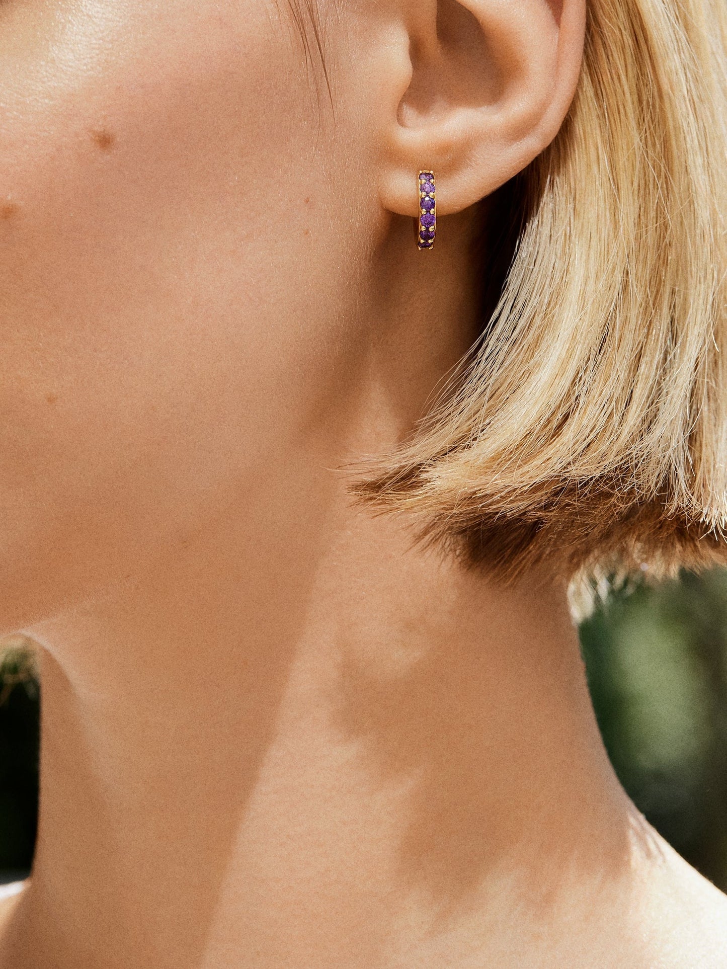 14K Gold Birthstone Huggie Earrings - Amethyst