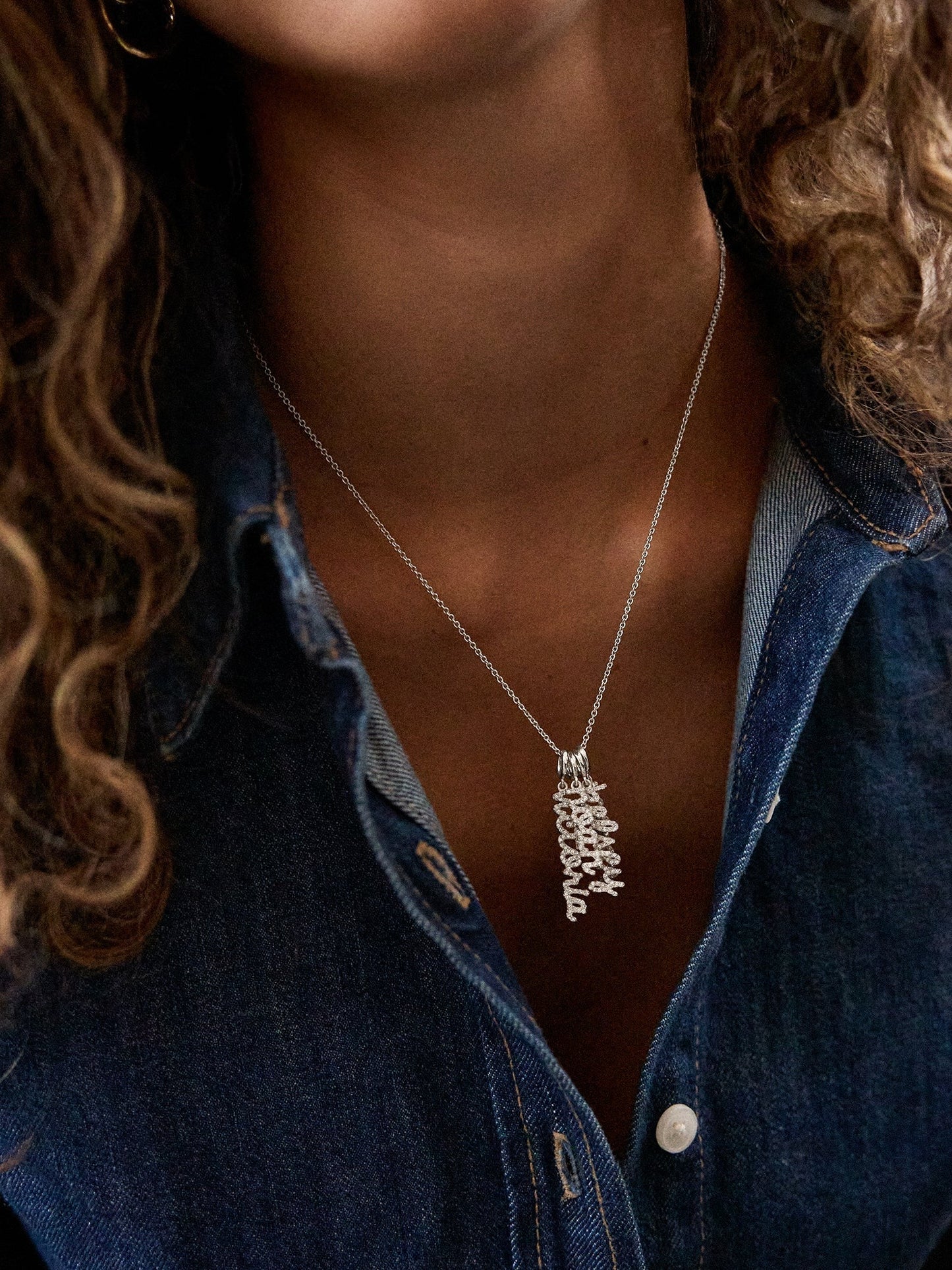 Mini Silver Pavé Block Cluster Custom Nameplate Necklace - 2 Names