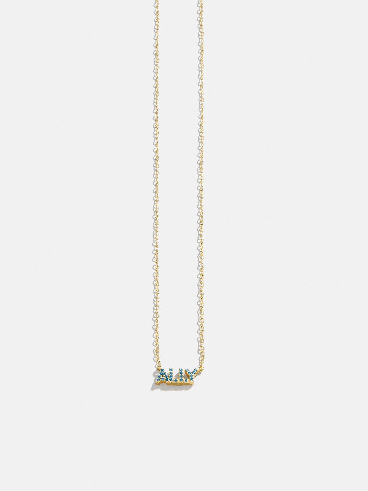 14K Gold Birthstone Custom Nameplate Necklace - Blue Zircon