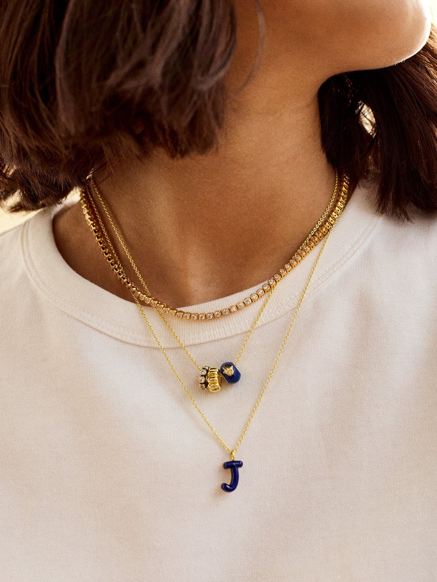Mini Bubble Initial Enamel Necklace - Dark Blue