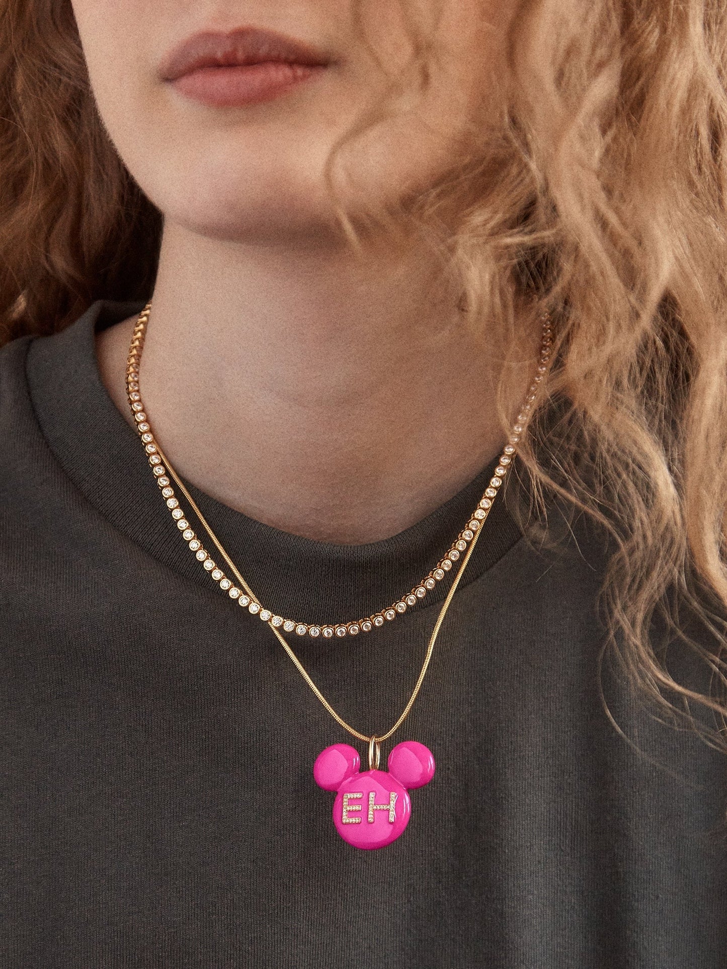 Disney Mickey Mouse Enamel Custom Initial Necklace - Pink