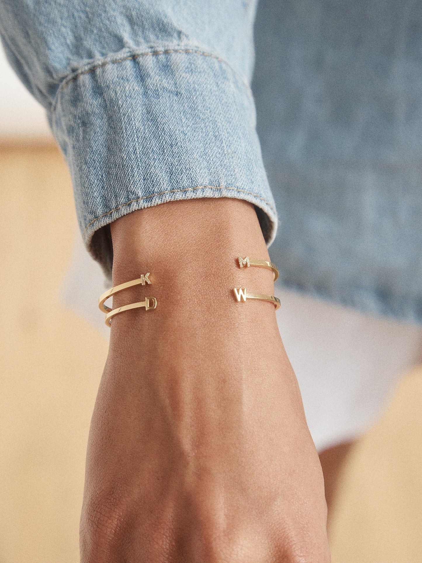 14K Gold Double Initial Custom Cuff Bracelet - Gold/Pavé
