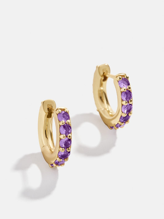 14K Gold Birthstone Huggie Earrings - Amethyst