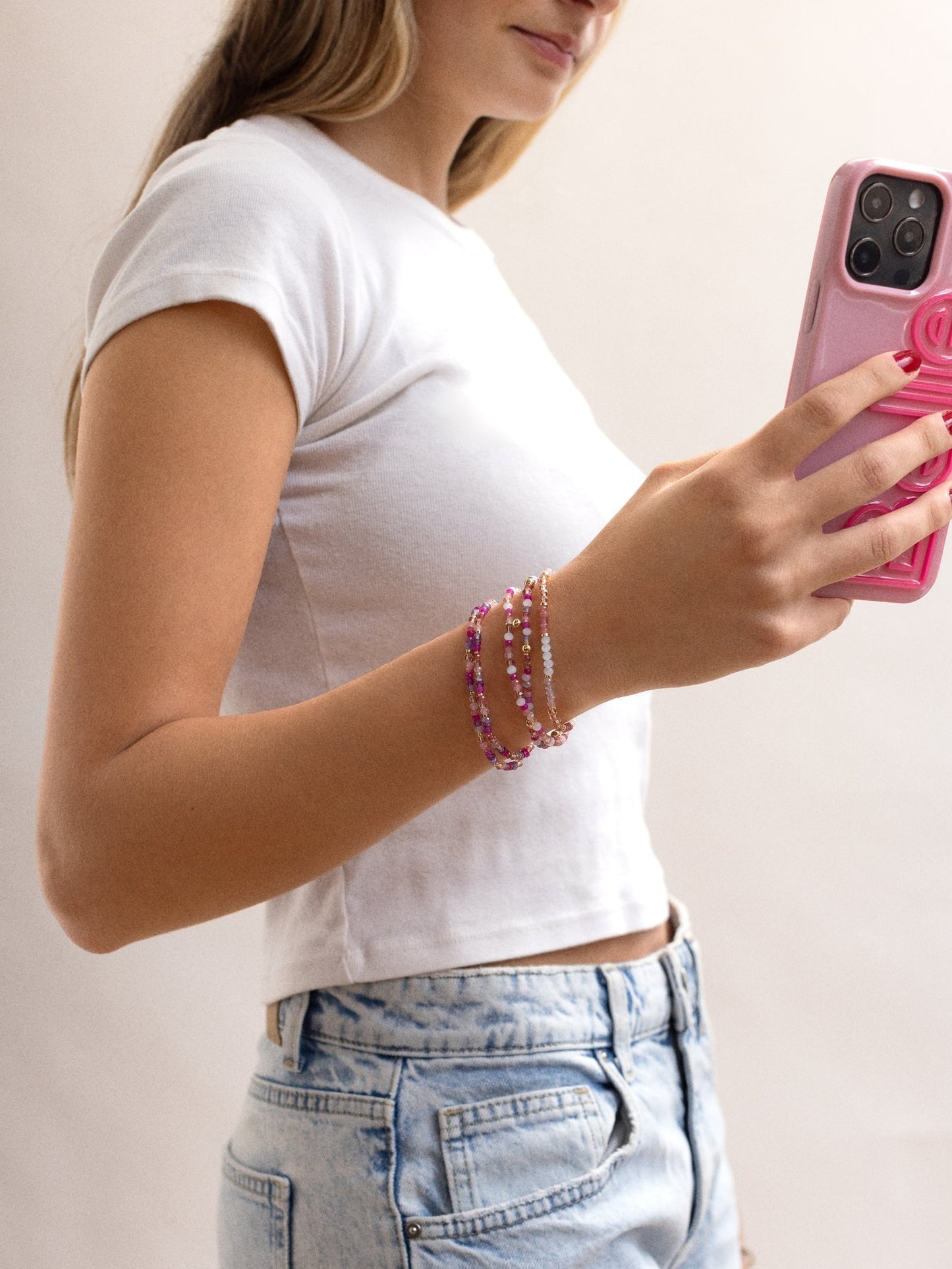 Indya Semi-Precious Layered Bracelet Set - Pink Multi