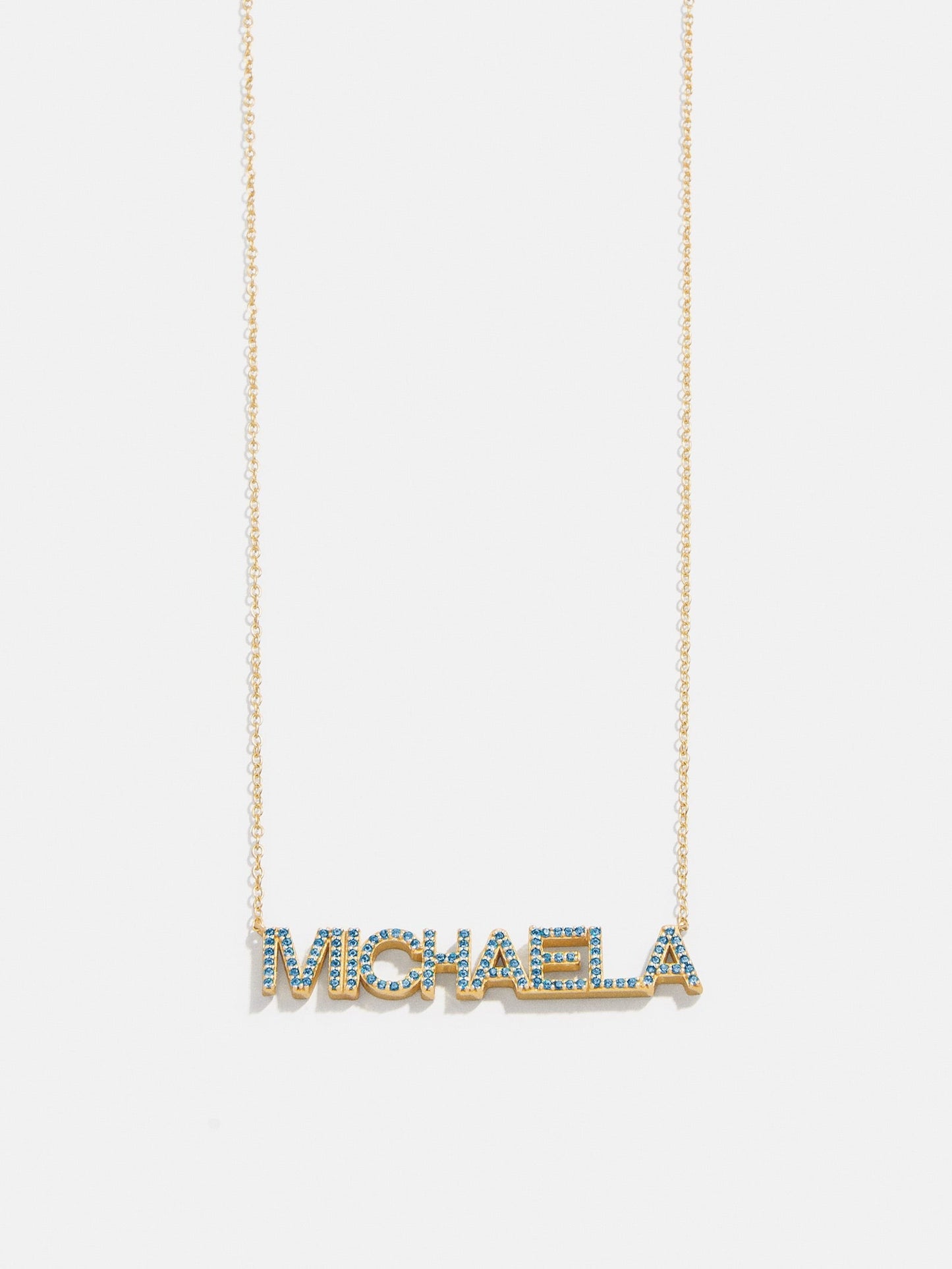 14K Gold Birthstone Custom Nameplate Necklace - Blue Zircon