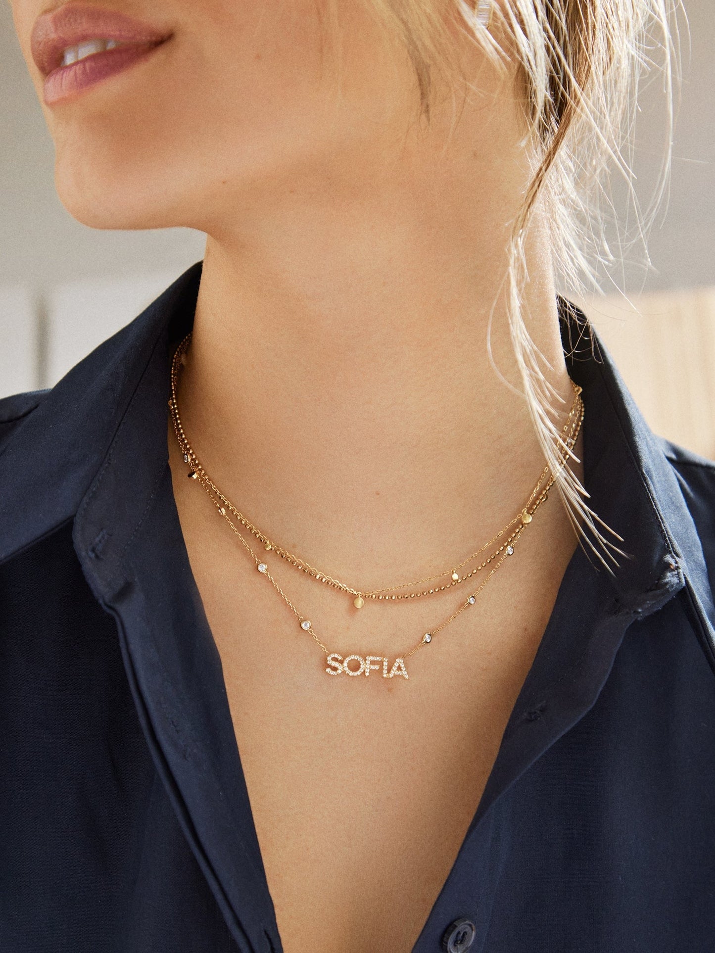 Yasmine Sterling Silver Custom Nameplate Necklace - Pavé/Silver