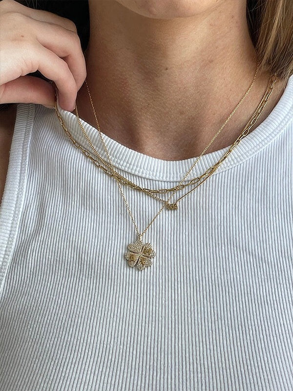 Clover 14K Gold Custom Pendant Necklace - 14K Gold. Pavé Cubic Zirconia Stones